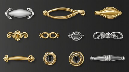 A collection of golden door handles with a realistic, polished metal finish. The set includes various styles, featuring both straight and elegantly curved designs suitable for windows and doorways. 