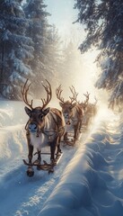 Sticker - A team of reindeer pulls a sleigh through a snowy forest path, sunlight breaking through the trees.