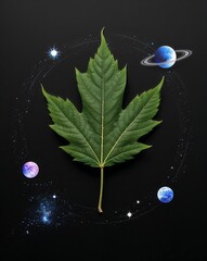 Wall Mural - artistic representation of a leaf with cosmic elements on plain black background