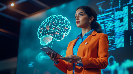 A woman in an orange blazer holds a tablet, analyzing neural data on a large futuristic screen displaying a glowing brain model.