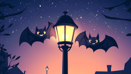 Halloween Style Illustration of a whimsical nighttime scene with a streetlamp, cartoon bats, and a starry sky. Ideal for festive and seasonal decor