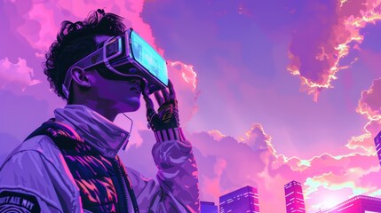 a man with a virtual reality headset and a city in the background