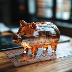 Sticker - A transparent piggy bank sits on a desk with financial documents, symbolizing saving and financial planning.