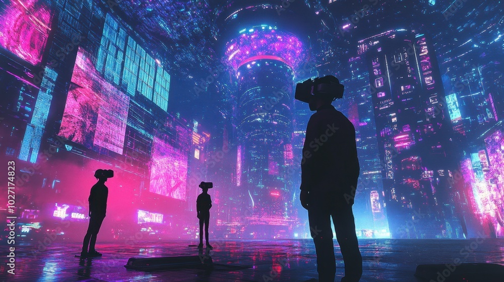 Gen Z creators in a virtual reality world designing futuristic art in ...