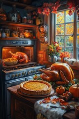 Poster - A warm kitchen with a roasted turkey, pumpkin pie, and autumn decor, ready for a Thanksgiving feast.