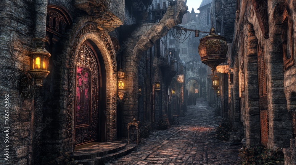 A cobblestone street in a medieval town with stone buildings, arched ...
