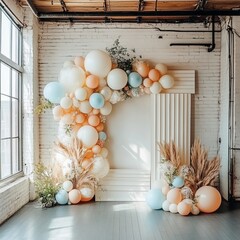 Wall Mural - A white backdrop with balloons, pampas grass, and greenery in an industrial loft space.