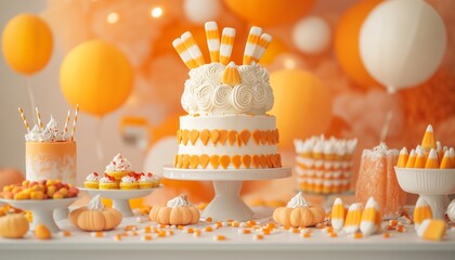 Poster - A white cake with orange and white frosting and candy corn decorations on a white cake stand surrounded by other desserts and decorations.