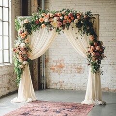 Canvas Print - A white fabric wedding arch decorated with pink and peach flowers in a rustic industrial setting.