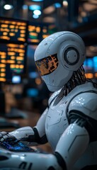 Wall Mural - A white humanoid robot with a futuristic helmet works at a computer terminal in a brightly lit, high-tech environment.