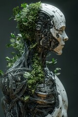 Canvas Print - A white robotic figure with vines and leaves growing over its head and body.