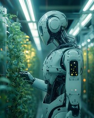 Wall Mural - A white robotic humanoid stands in a futuristic greenhouse, tending to rows of plants.