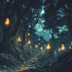 Canvas Print - A winding path through a dark forest illuminated by glowing lanterns.