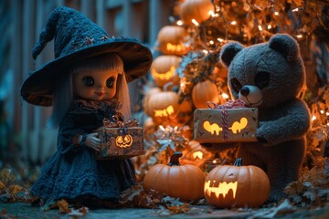 Poster - A witch doll and a teddy bear exchange gifts in front of a pumpkin tree decorated with lights.