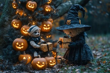 Poster - A witch doll in a black dress and hat gives a gift to a teddy bear doll in front of a decorated tree with pumpkins.