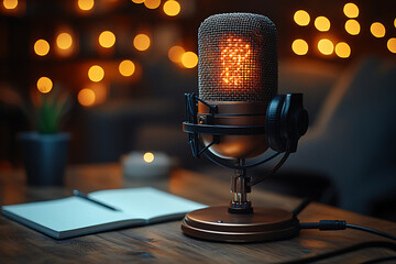 home studio workplace, podcast, microphone, headphone, notebook, bookshelf orange color