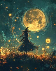 Sticker - A witch in a black dress and hat stands in a field of glowing flowers under a full moon.