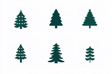 A set of vector icons in dark green, each depicting an illustration of a Christmas tree. The design is simple and minimalistic with clean lines on a white background