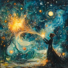 Wall Mural - A woman blowing stardust into the night sky, surrounded by swirling nebulae and stars.