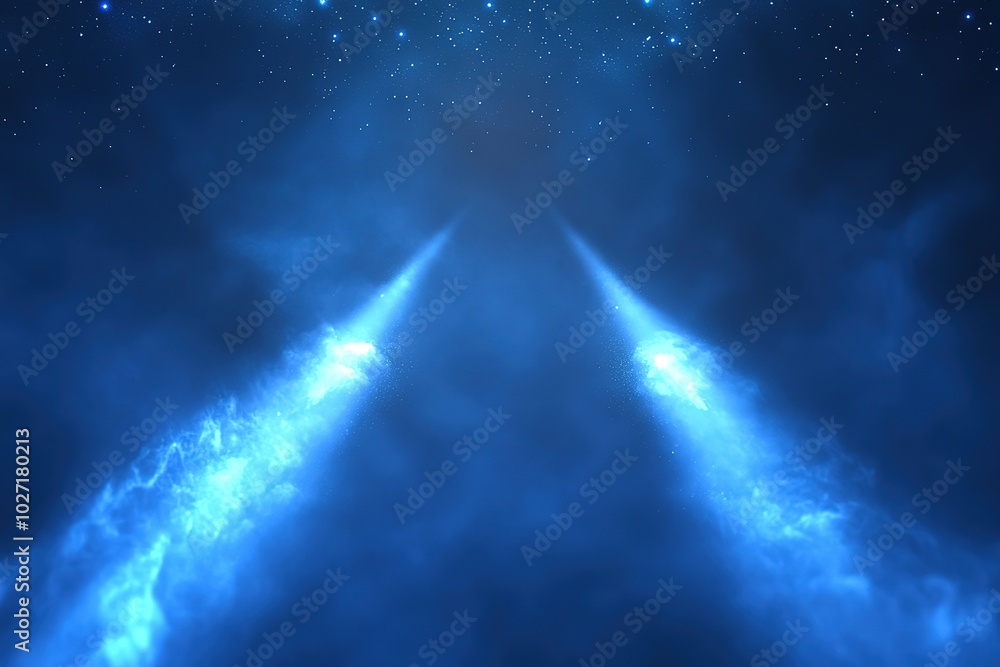 Blue background with two glowing light beams, vector illustration, dark ...