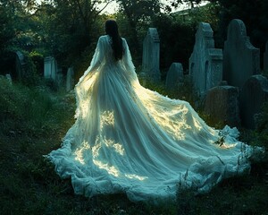 Canvas Print - A woman in a flowing white dress walks through a cemetery at sunset.