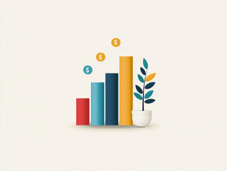 Rising bar chart integrated with symbols of wealth and plant, representing growth and prosperity in finance. This illustration conveys positive outlook on investment and financial success