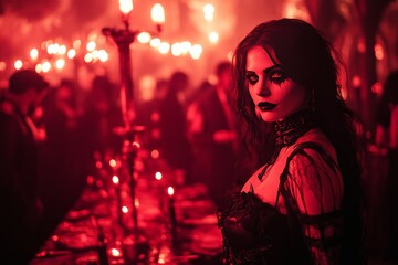 Poster - A woman in a gothic dress with dark makeup stands in a dimly lit room with candles.