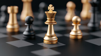 chessboard featuring gold and black pieces, symbolizing strategy and competition. golden king stands prominently, representing power and leadership in game