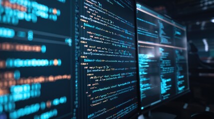 multiple monitors displaying computer code