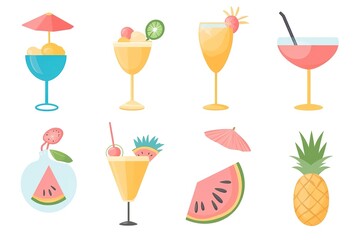 A collection of summer icons, such as watermelon slices and ice cream cones, in a flat design style with bright colors like green, yellow, blue, pink, and orange on a white background