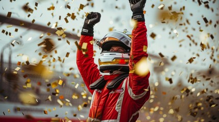 Formula One racing team driver celebrates victory with golden confetti on the racetrack background.