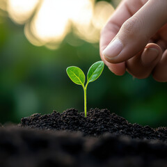 hand gently planting seedling in rich soil, symbolizing growth and nurturing. This captures essence of new beginnings and importance of caring for nature