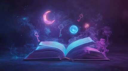 Wall Mural - An open book with dream-related symbols like a key, moon, eye floating out. shades of purple and blue, orange accents, magic atmosphere
