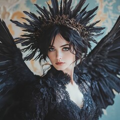 Poster - A woman with black angel wings and a feather crown.