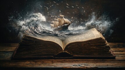 Wall Mural - antique open book on a top of an old oak table with ocean storm with a ship scattering from the pages, magical,