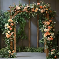 Poster - A wooden archway decorated with peach and white flowers and greenery.