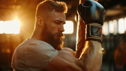 Sticker - A man with a beard and a black glove is holding a punching bag