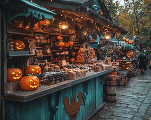 Canvas Print - A wooden Halloween market stall with pumpkins, candy, and other decorations.