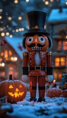 Sticker - A wooden nutcracker toy stands in a miniature winter village setting, surrounded by pumpkins and snow.