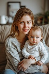 Sticker - A Portrait of young mother with cute baby at home