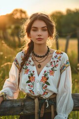 Wall Mural - A Portrait of young Ukrainian woman in traditional nation