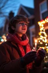 Wall Mural - A young boy in a red scarf holds a lit candle, singing carols in a snowy neighborhood with twinkling lights.