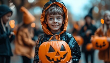 Canvas Print - A young boy in a black and orange costume smiles while holding a jack-o-lantern during a Halloween celebration.