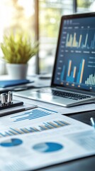 Printed insurance reports and financial charts displayed next to a laptop screen showing a comprehensive data analysis Stock Photo with side copy space