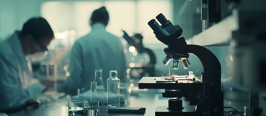 Detailed microscope foreground with blurred background of researchers in a lab.