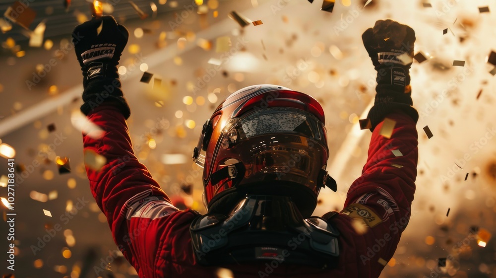 Car Racing Winner Formula One racing team driver celebrates victory with golden confetti ...