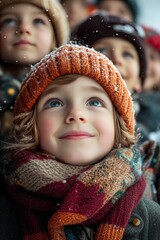 Canvas Print - A young girl with bright blue eyes looks up in wonder as snowflakes fall around her.