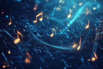 Wall Mural - blue background with glowing musical notes and waves, representing the concept of music in digital m