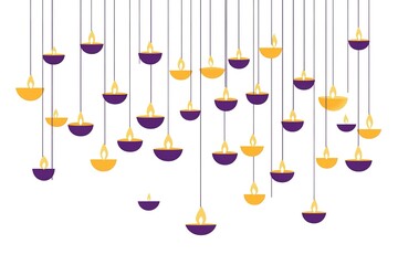 flat illustration of hanging diya lamps for the Diwali festival, on a white background. Indian traditional lamps with burning flame decoration