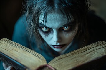 Poster - A young woman with pale skin, red lips, and glowing yellow eyes stares intently at an old, open book.